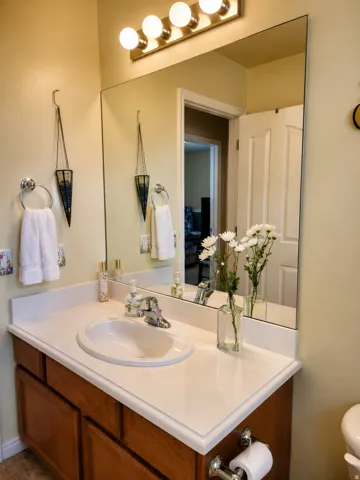 Primary's vanity with wood-finish cabinetry, integrated sink, and light-toned countertop