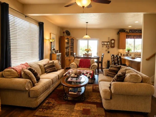 Open-concept common area featuring LVP flooring, a ceiling fan with integrated lighting, and a kitchen with wood cabinetry