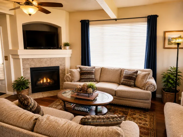 Living area featuring a corner gas log fireplace with tile surrounding & built-in nook above.  LVP flooring.