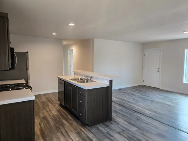 Kitchen island with built-in stainless steel sink and dishwasher, wood-finish flooring, recessed lighting, and white countertops