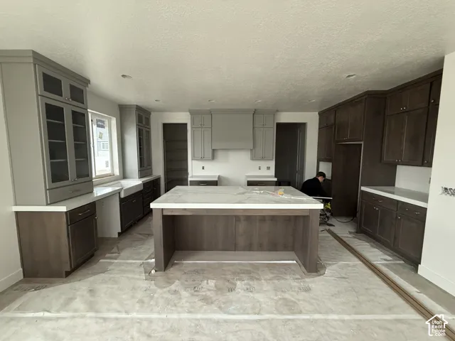Kitchen featuring custom cabinetry with glass-front display uppers, a central island with a solid surface countertop, an integrated range hood, and a farmhouse-style apron sink