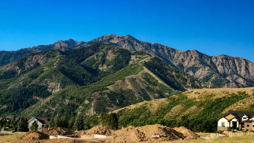 Mountainous terrain featuring diverse tree coverage and rock formations