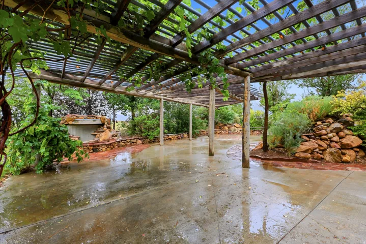 Expansive patio featuring a wood pergola with climbing greenery, concrete flooring, and a stone water feature