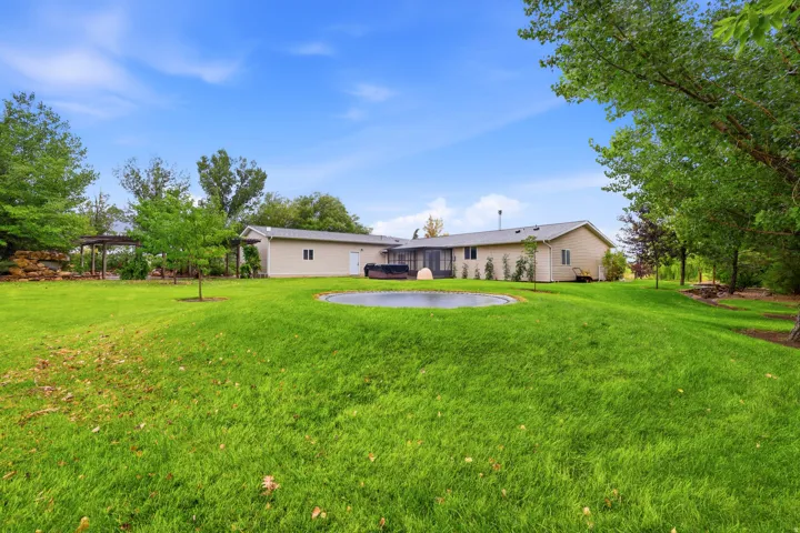 Expansive lawn with mature trees and a tranquil water feature