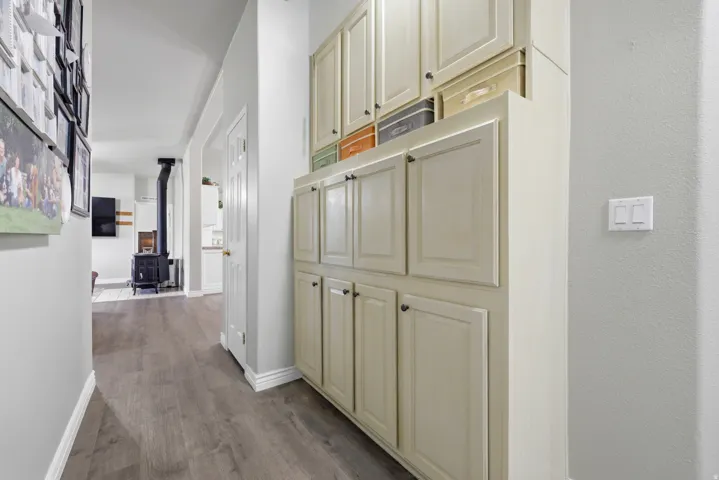 Recessed built-in cabinetry with panel doors, wood-finish flooring, and painted walls