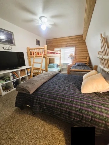 Wood-paneled accent wall, built-in shelving unit, ceiling fan with integrated lighting, and textured carpeting