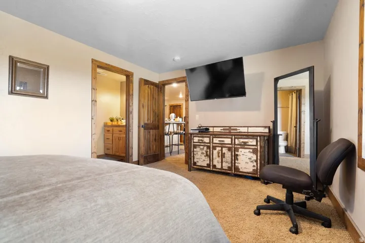 Wood-finish doors and trim, carpeted flooring, wall-mounted television, and a built-in vanity
