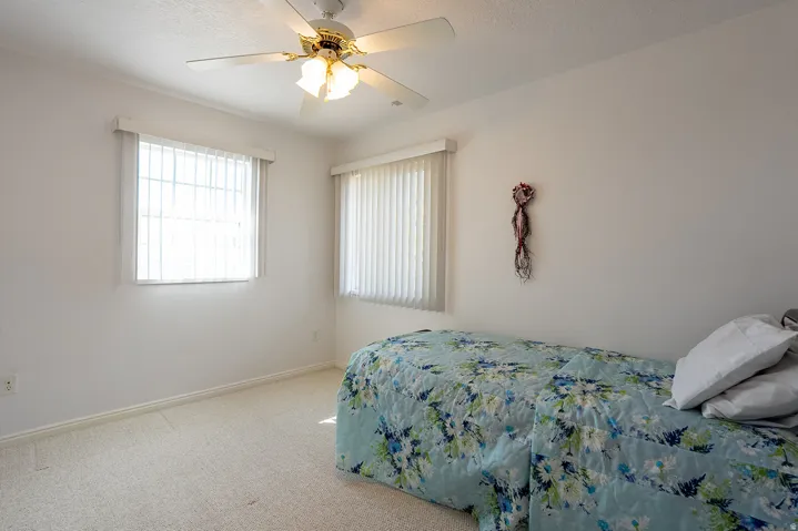 White walls with light-toned carpeting and two windows with horizontal blinds