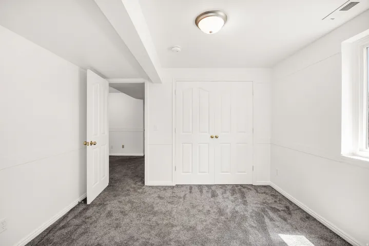 White paneled doors, neutral wall finish, gray carpet flooring, ceiling-mounted light fixture, and natural light from a single window