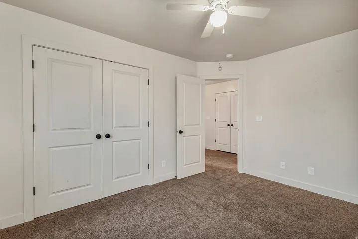 Neutral wall paint, plush carpet flooring, ceiling fan with integrated lighting, white interior doors, and matte black hardware