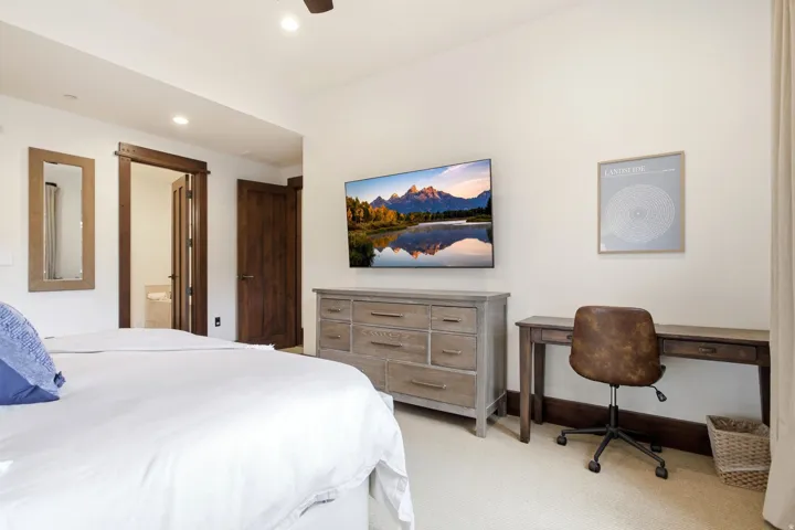 Carpeted flooring with recessed lighting, dark wood-finish doors, and a ceiling fan