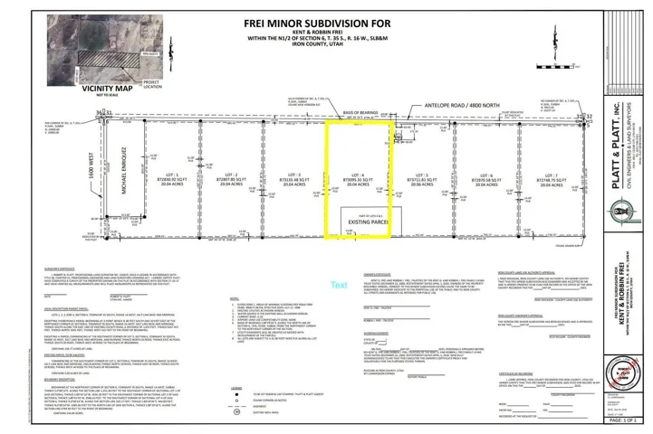 Subdivision Plat. Illustrating the layout of the property into individual lots, including dimensions and an existing parcel