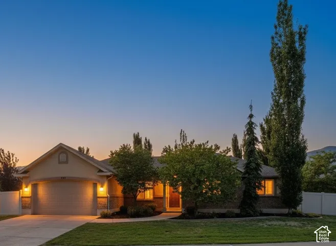 Single-story residence featuring a two-car garage, brick and stucco exterior, mature landscaping, and a fenced perimeter