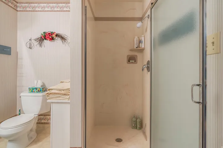 Shower enclosure with a frosted glass sliding door, integrated shelving, and a chrome shower fixture