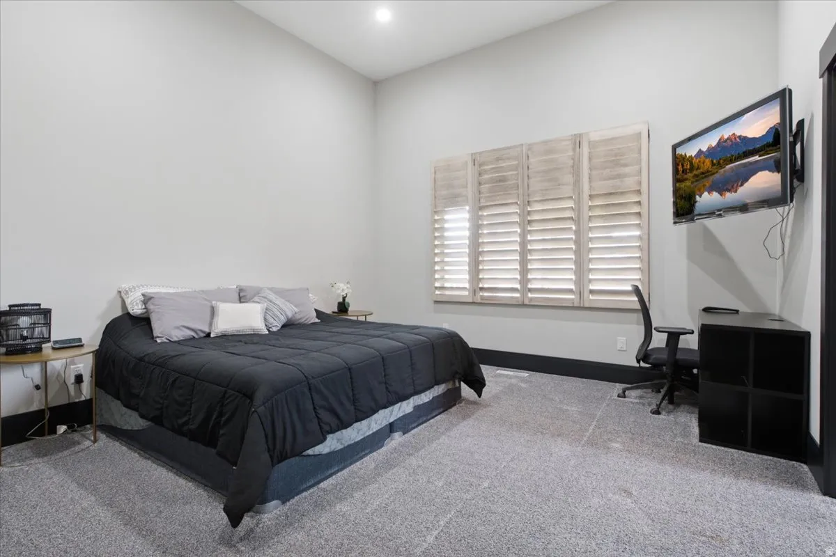 Recessed lighting, wood-finish window shutters, carpet flooring, and a wall-mounted television