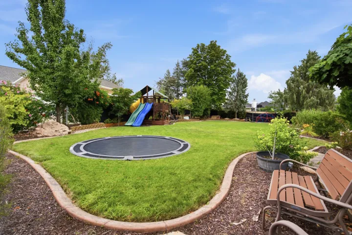 Expansive green lawn, mature trees, landscaped garden beds, concrete border, and a built-in play structure