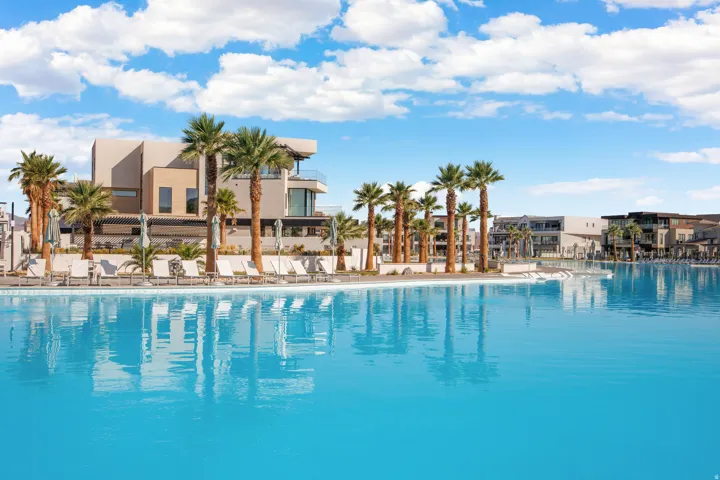 Expansive lagoon-style pool with surrounding lounge areas, bordered by mature palm trees