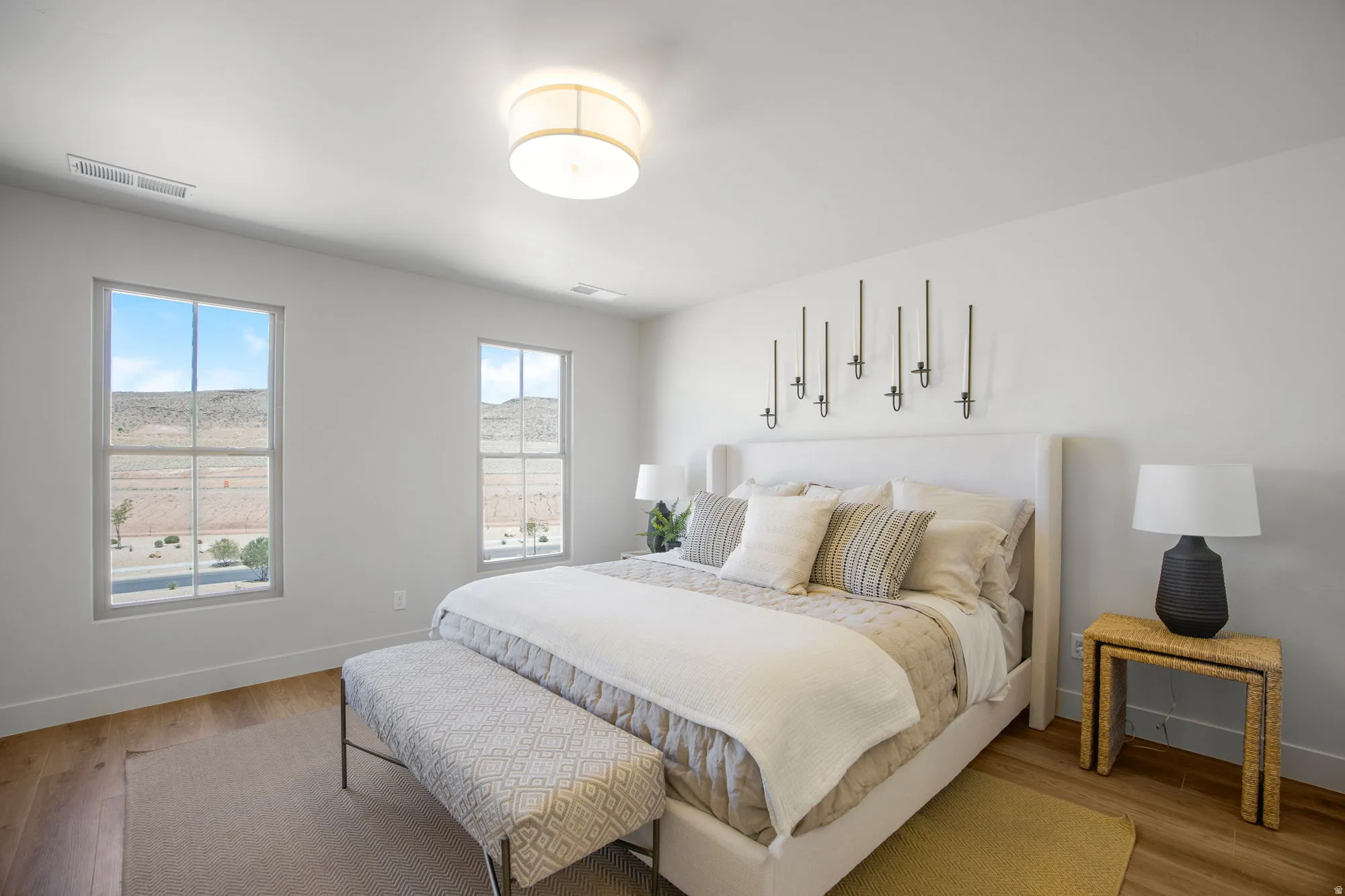 Hardwood-style flooring with bright white walls, two vertical windows with desert landscape, and a flush mount ceiling light