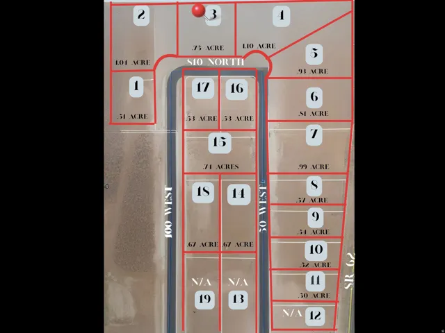 Plat Map. Illustrating subdivided parcels with corresponding acreage and road designations