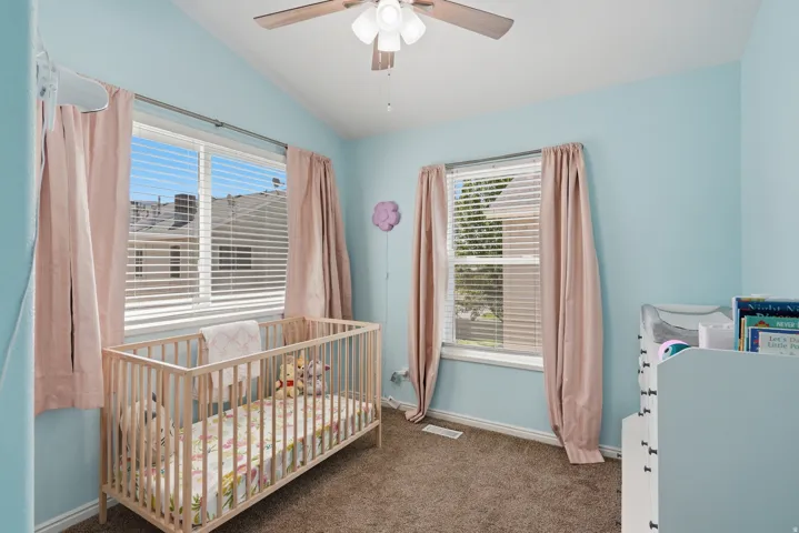 Vaulted ceiling with a ceiling fan