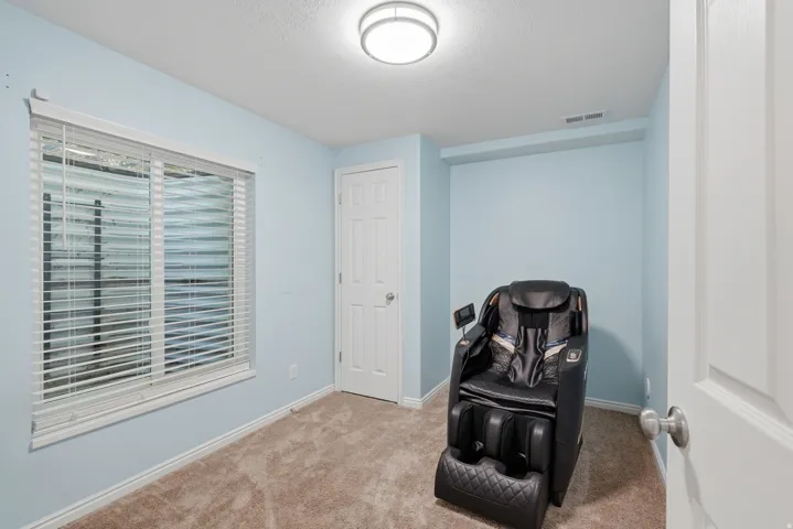 Carpeted room with a flush-mount ceiling light fixture, white window blinds, and a white paneled door