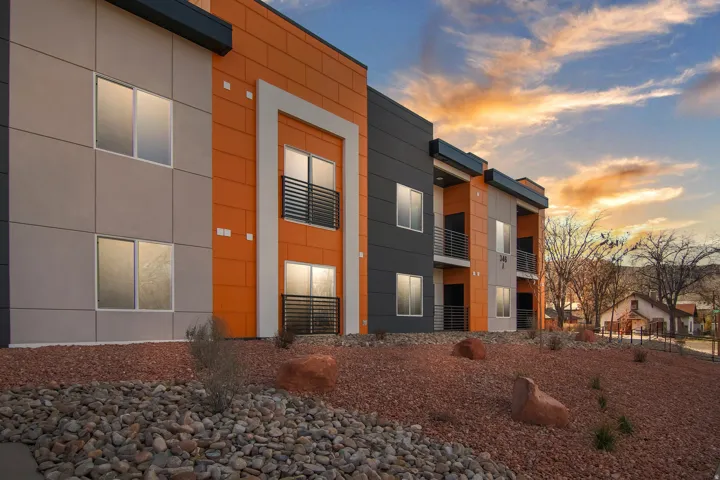 Multi-level building with modern exterior finishes