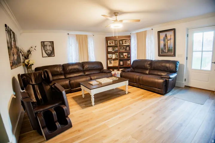 Wood-finish flooring, crown molding, ceiling fan, built-in shelving, and a full-light exterior door