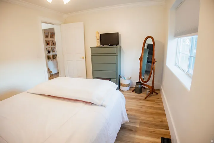 Wood-finish flooring, white painted walls, and crown molding