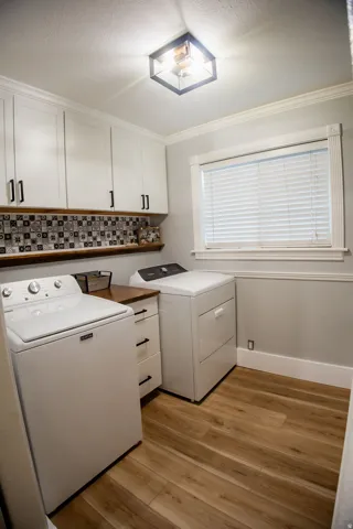 White cabinetry with matte black hardware, decorative tile backsplash, wood-finish flooring, and crown molding