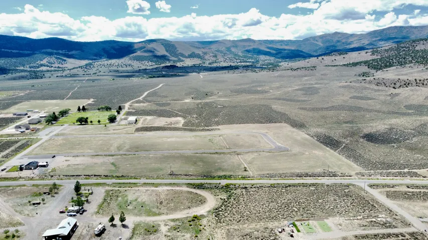 Expansive acreage with established road infrastructure, visible mountain range, and scattered mature trees