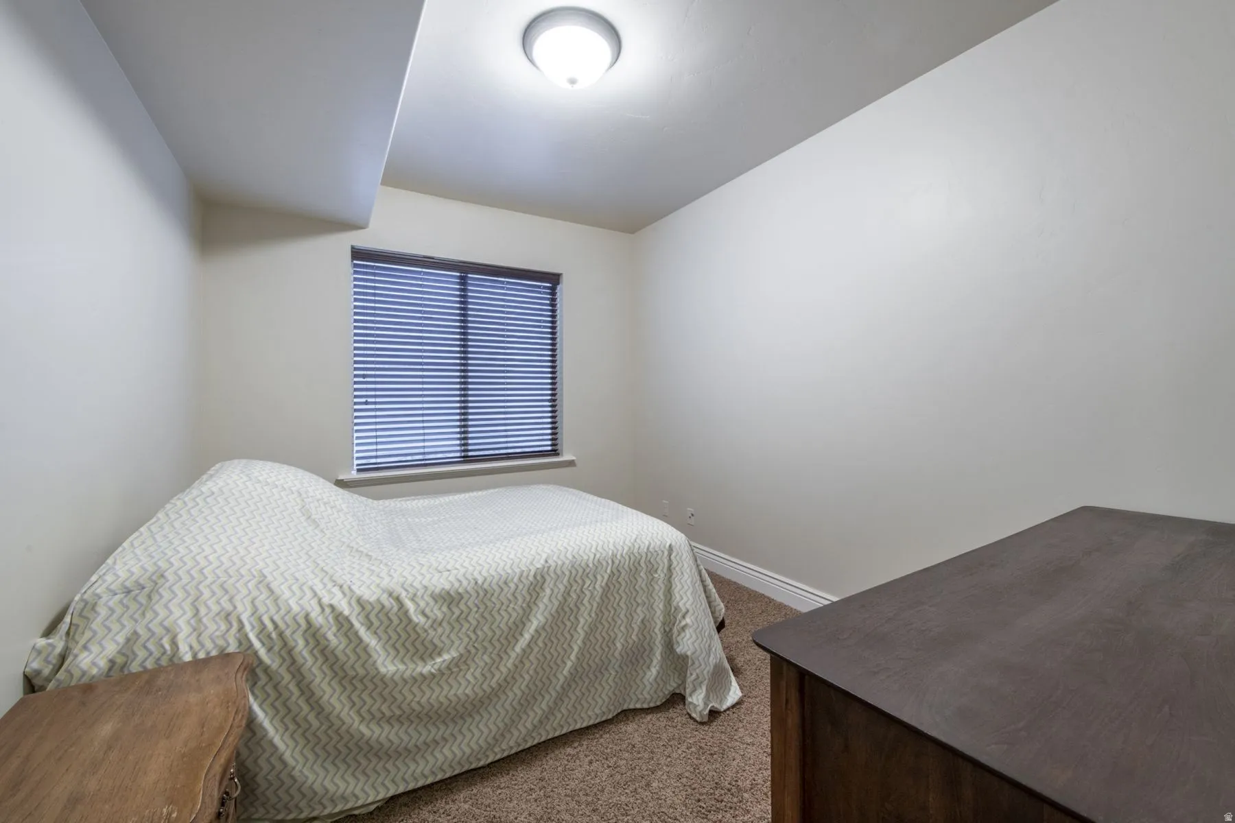 Neutral wall paint, carpet flooring, window with blinds, and ceiling-mounted light fixture