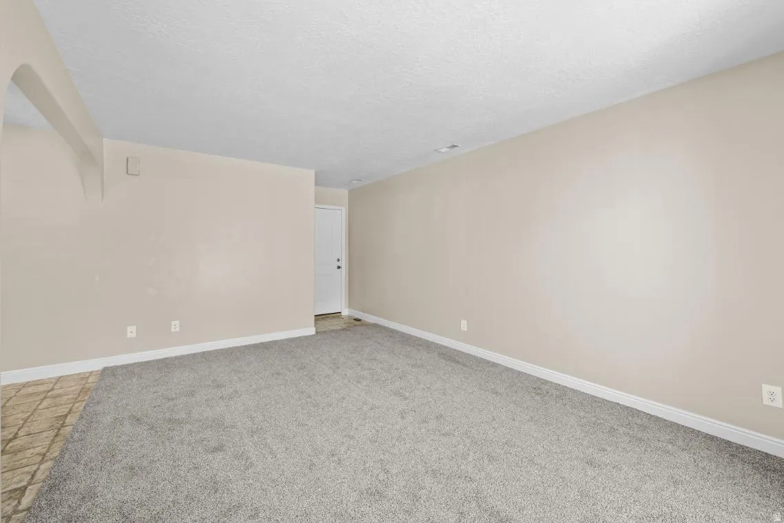 Spacious room with neutral beige walls, neutral carpet flooring, and abundant natural light from recessed ceiling fixtures