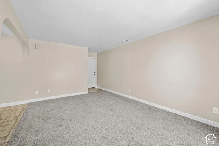 Spacious room with neutral beige walls, neutral carpet flooring, and abundant natural light from recessed ceiling fixtures
