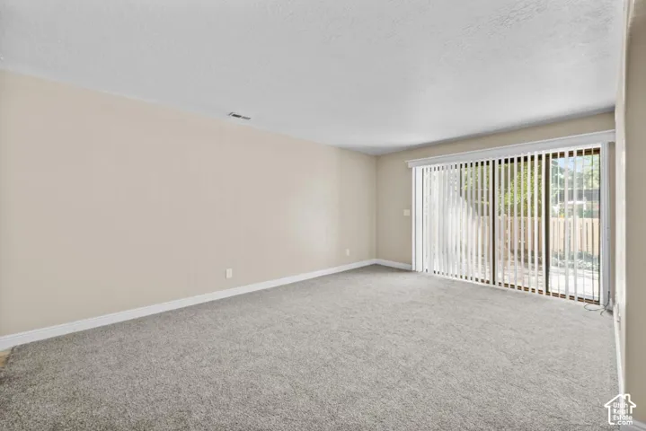 Neutral wall paint, gray carpet flooring, and a sliding glass door with vertical blinds