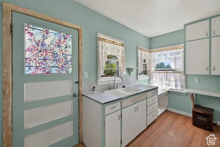 Kitchen featuring wood-finish flooring, dual-basin sink, built-in cabinetry, and a door with a decorative glass panel