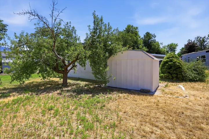 Exterior storage shed with a sloped roof