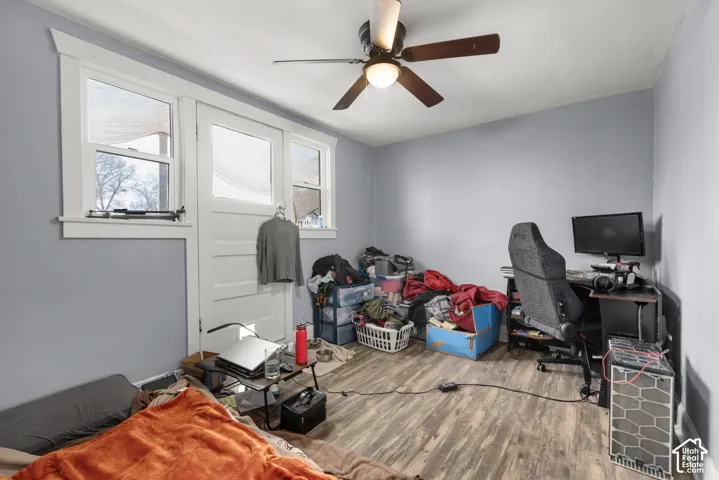 Wood-finish flooring, light blue wall paint, a ceiling fan with integrated lighting, and multiple windows with white trim