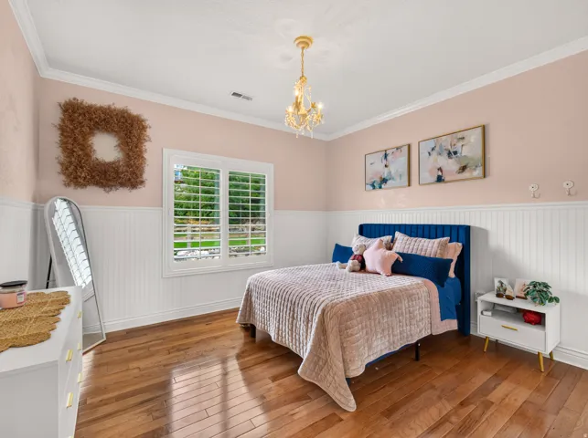 Hardwood flooring, white wainscoting, crown molding, double window with plantation shutters, and a chandelier