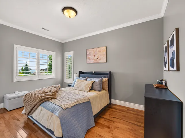 Hardwood flooring with white trim, two windows with plantation shutters, an overhead flush-mount light fixture, and crown molding