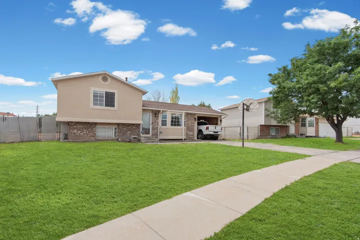 Expansive front yard with a concrete walkway and mature tree