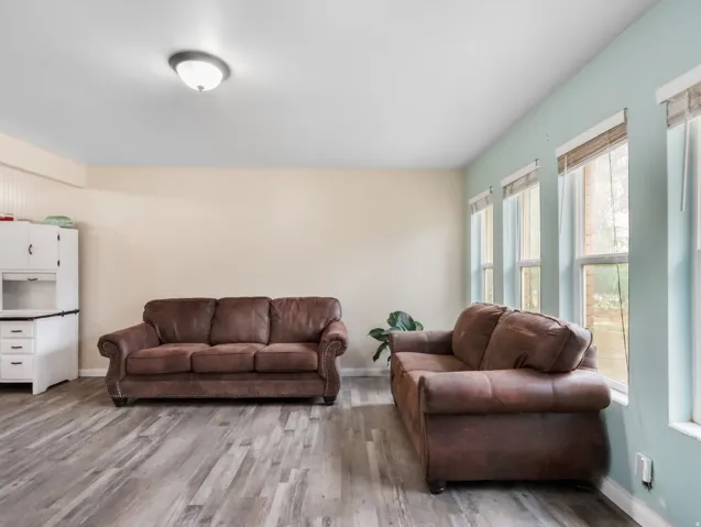 Light wood-finish flooring, multiple windows, and a flush mount ceiling light fixture