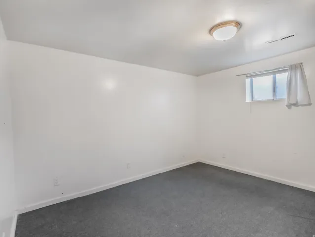 Room featuring white walls, gray carpet, and a flush mount ceiling light