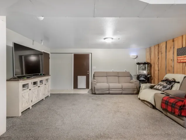 Carpeted room featuring a wood-panel accent wall and two brown doors
