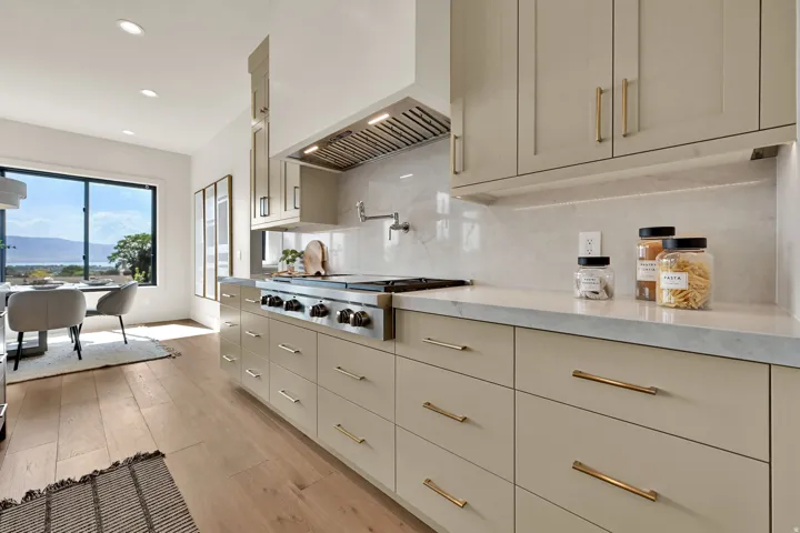 Light wood-finish flooring, recessed lighting, expansive window, professional-grade range, and contemporary cabinetry