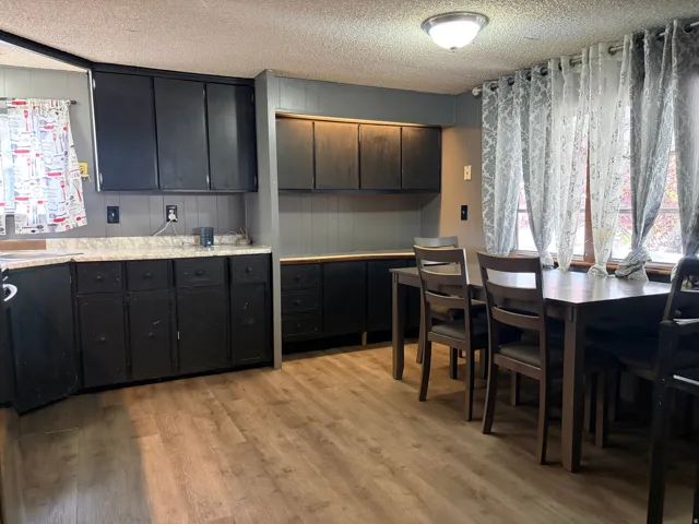 Kitchen featuring black cabinetry, light-toned countertops, wood-finish flooring, and a dining area with a window