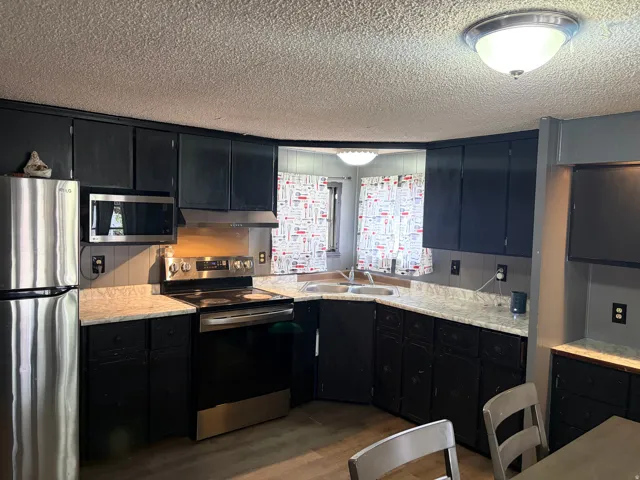 Kitchen featuring dark cabinetry, light-toned countertops, stainless steel appliances, and wood-finish flooring