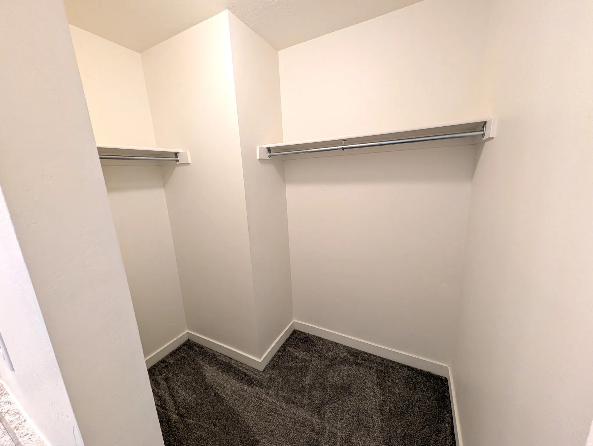Walk-in closet with two integrated shelves and hanging rods, complemented by dark-toned carpeting