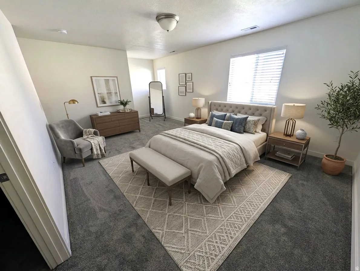 Recessed window with blinds, ceiling-mounted light fixture, and wall-to-wall carpeting