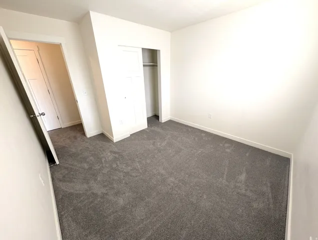 Neutral tone wall paint, dark grey carpeting, white trim, and a built-in closet with sliding doors