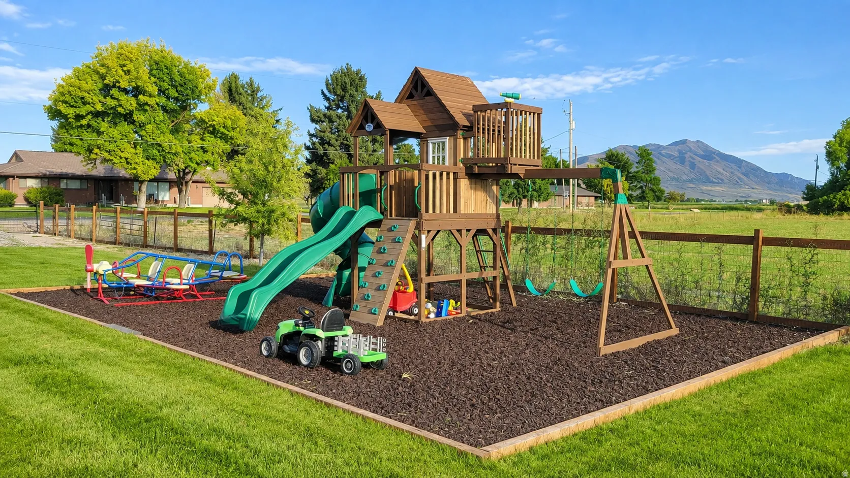 Expansive outdoor play area featuring a multi-level wooden playset with a slide and rock climbing wall, a separate swing set, and a seesaw